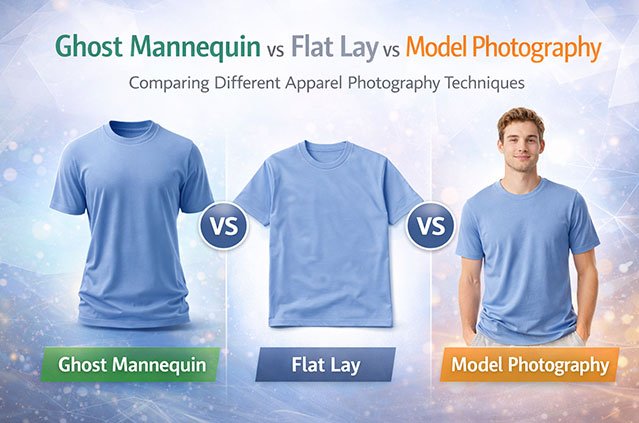 ghost mannequin vs flat lay vs model photography